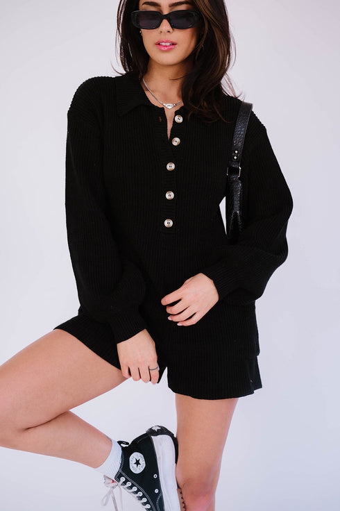 Picnic Date Knit Romper// Black